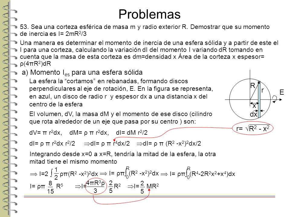 Problemas a) Momento Ies para una esfera sólida R E r dx x r= √R2 - x2