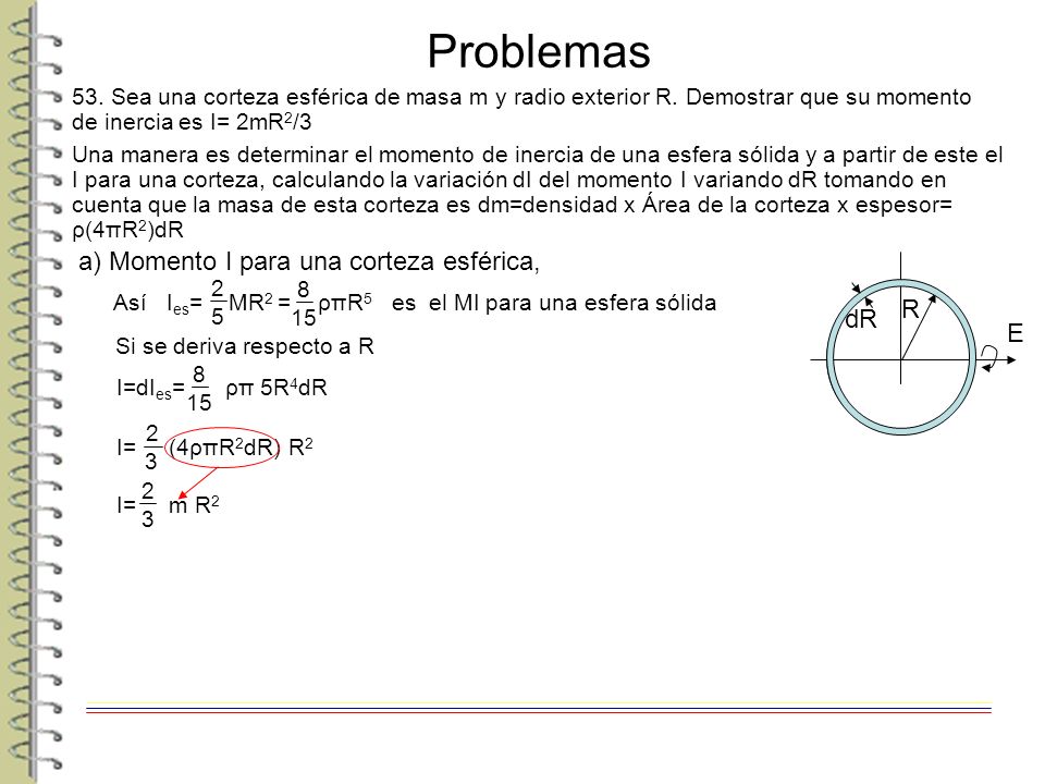 Problemas a) Momento I para una corteza esférica, R dR E