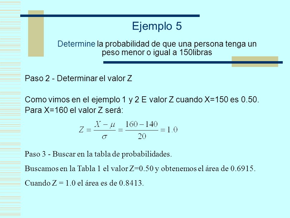Ejemplo 5 Determine la probabilidad de que una persona tenga un peso menor o igual a 150libras