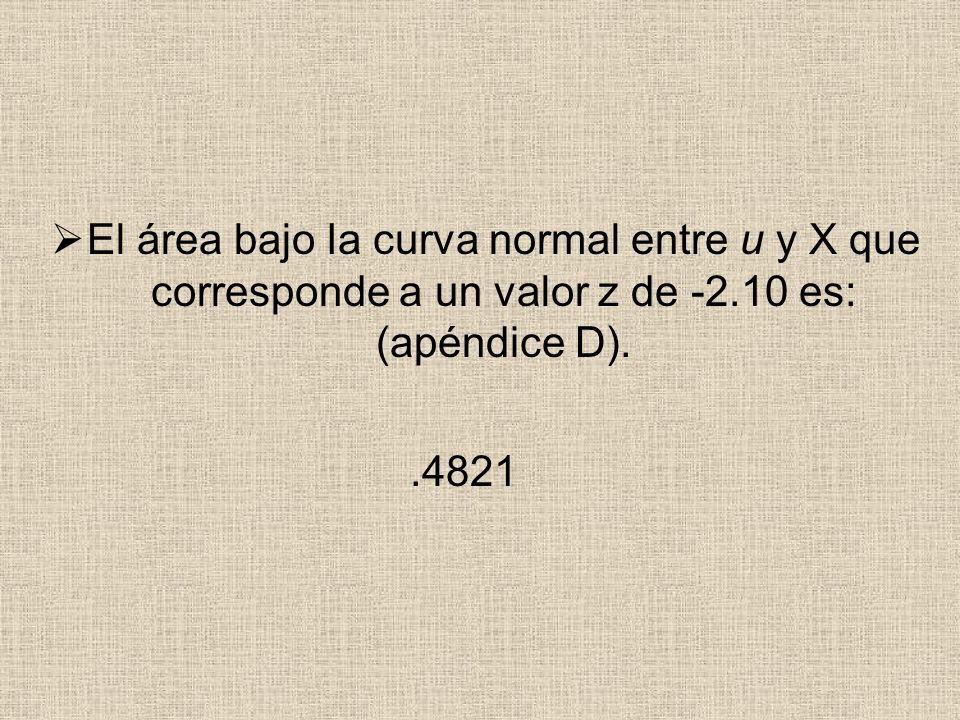 El área bajo Ia curva normal entre u y X que corresponde a un valor z de es: (apéndice D).