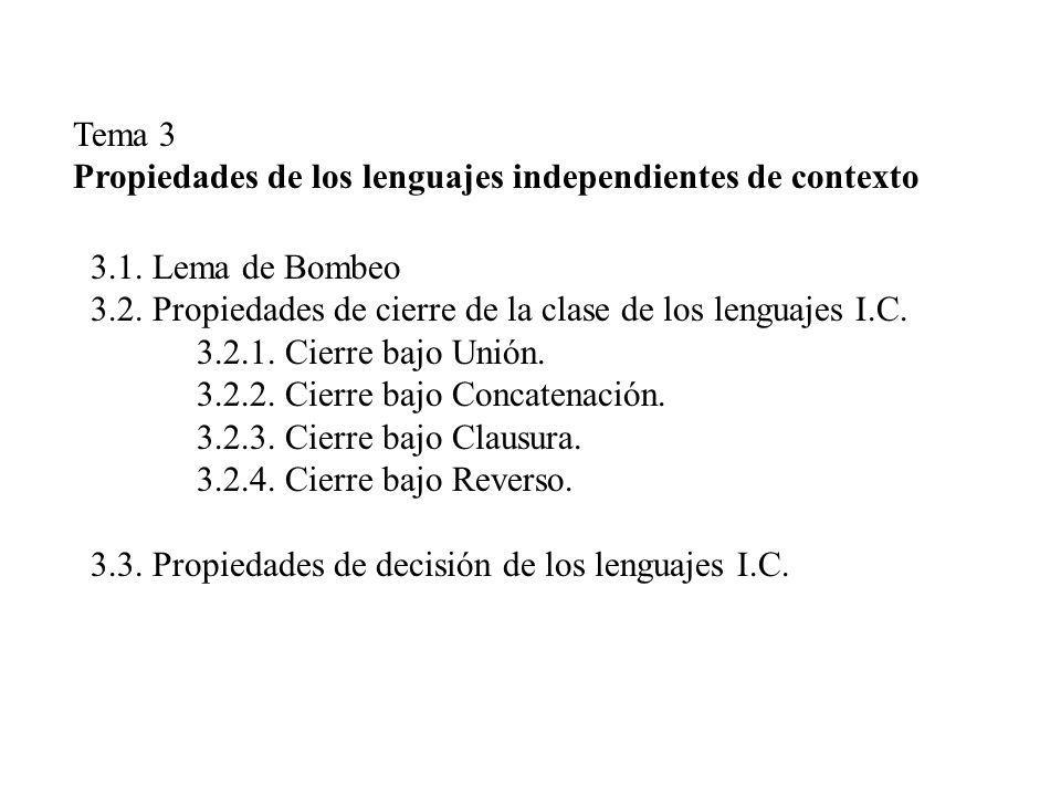 Tema 3 Propiedades de los lenguajes independientes de contexto Lema de Bombeo Propiedades de cierre de la clase de los lenguajes I.C.