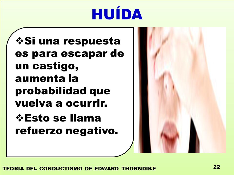 HUÍDA Si una respuesta es para escapar de un castigo, aumenta la probabilidad que vuelva a ocurrir.