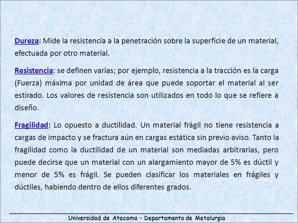 Dureza: Mide la resistencia a la penetración sobre la superficie de un material, efectuada por otro material.