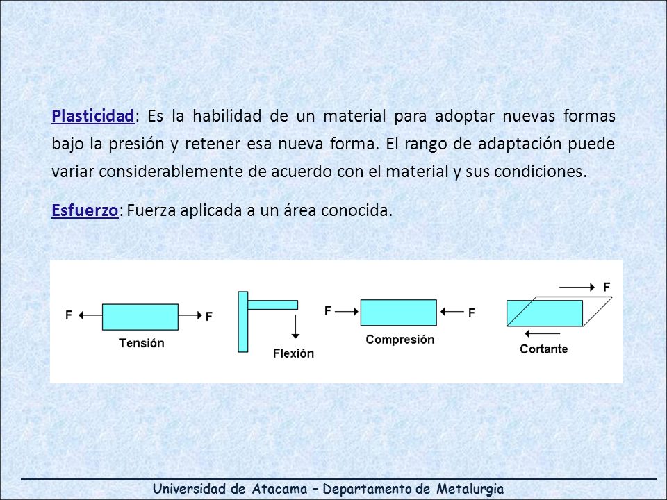 Plasticidad: Es la habilidad de un material para adoptar nuevas formas bajo la presión y retener esa nueva forma. El rango de adaptación puede variar considerablemente de acuerdo con el material y sus condiciones.