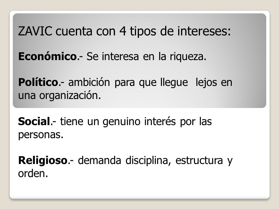 ZAVIC cuenta con 4 tipos de intereses: