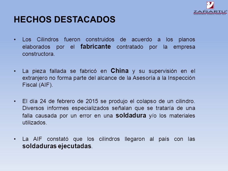 HECHOS DESTACADOS Los Cilindros fueron construidos de acuerdo a los planos elaborados por el fabricante contratado por la empresa constructora.