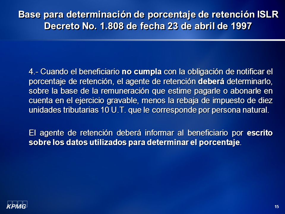 Base para determinación de porcentaje de retención ISLR Decreto No. 1
