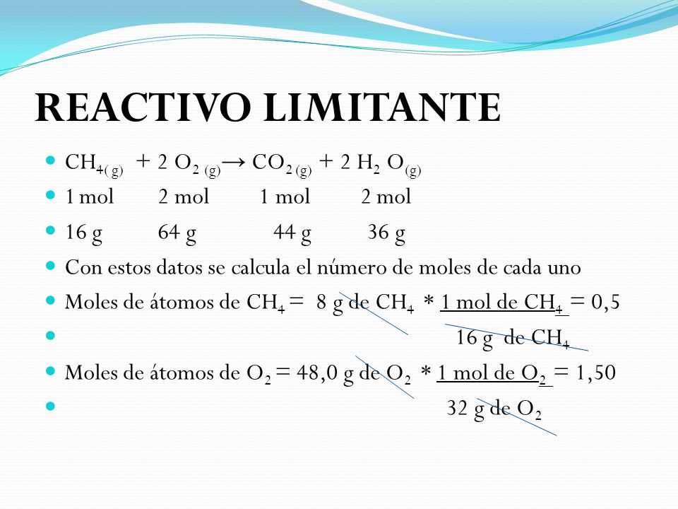 REACTIVO LIMITANTE CH4( g) + 2 O2 (g)→ CO2 (g) + 2 H2 O(g)