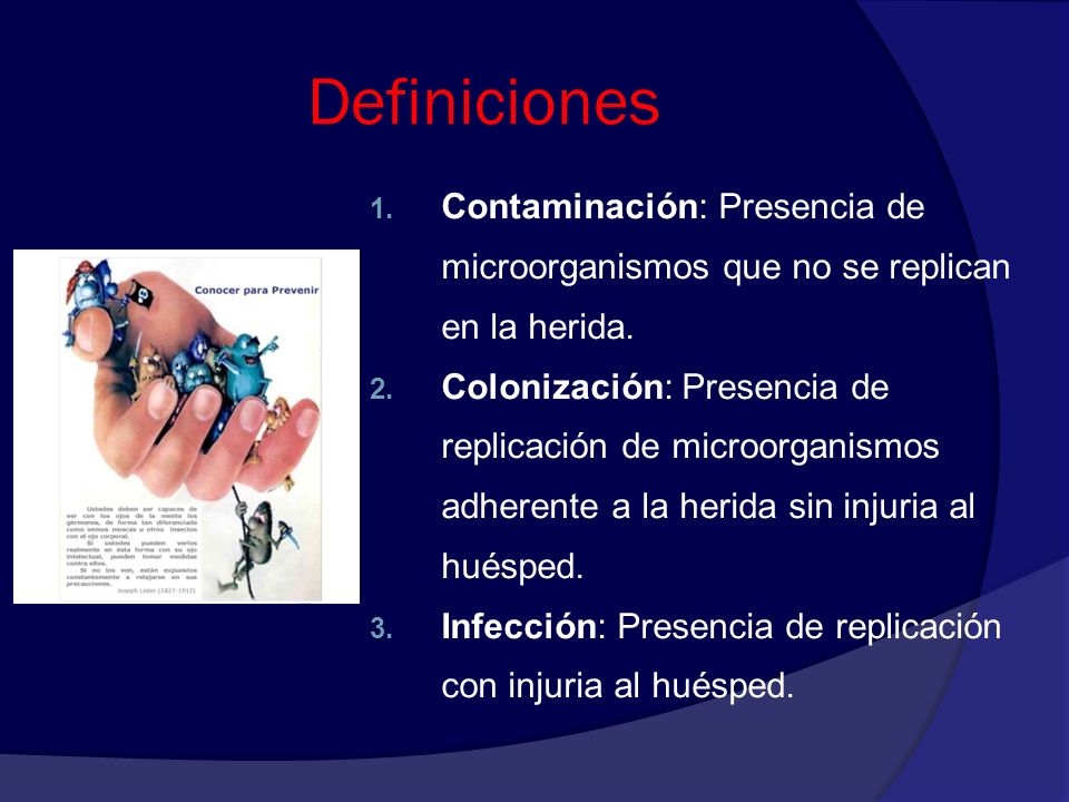 Definiciones Contaminación: Presencia de microorganismos que no se replican en la herida.