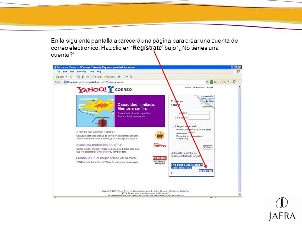 En la siguiente pantalla aparecerá una página para crear una cuenta de correo electrónico.