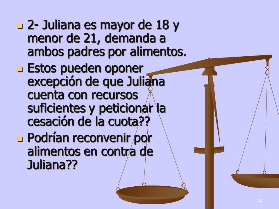 2- Juliana es mayor de 18 y menor de 21, demanda a ambos padres por alimentos.