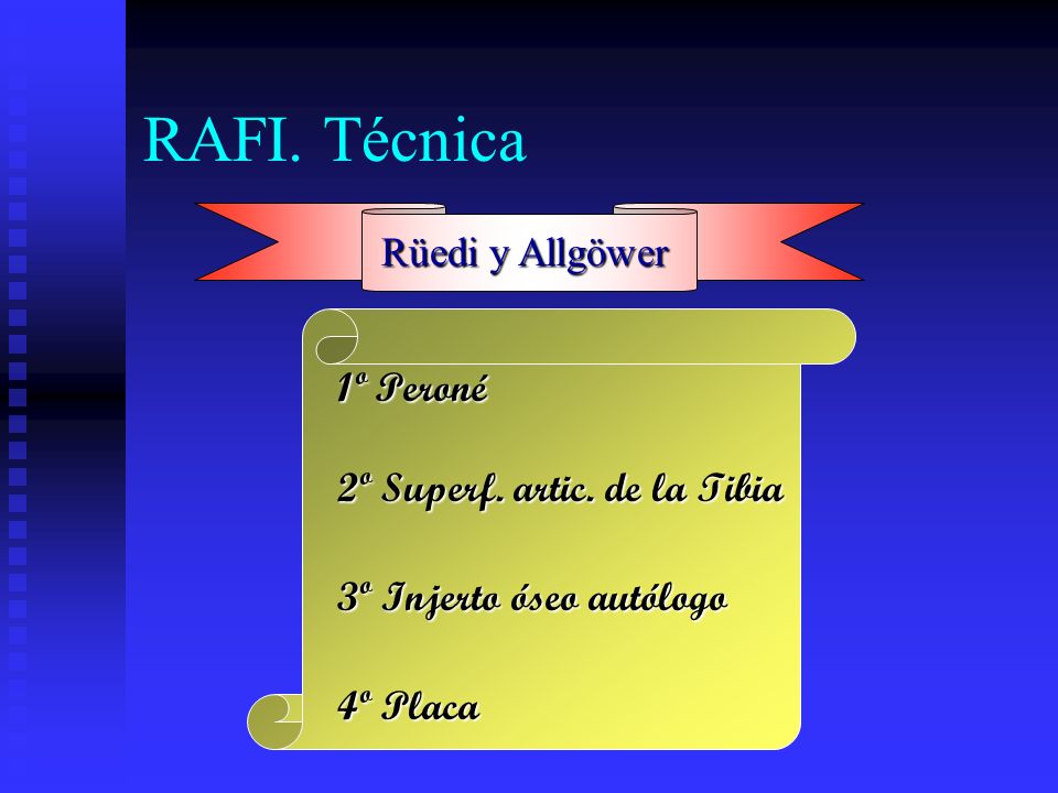 RAFI. Técnica Rüedi y Allgöwer 1º Peroné 2º Superf. artic. de la Tibia
