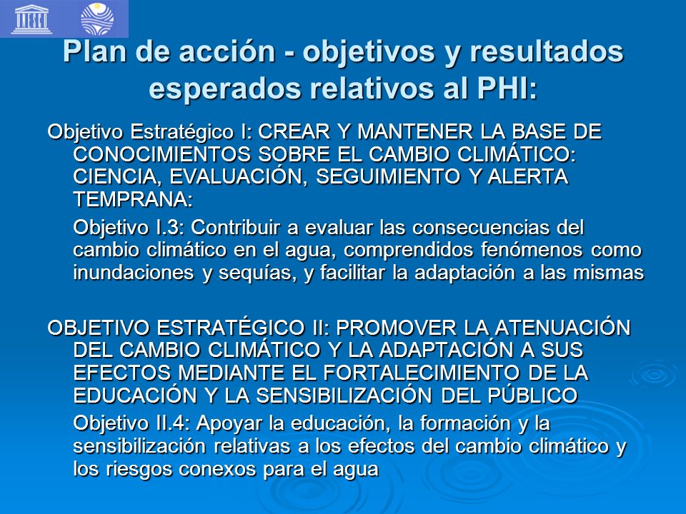 Plan de acción - objetivos y resultados esperados relativos al PHI: