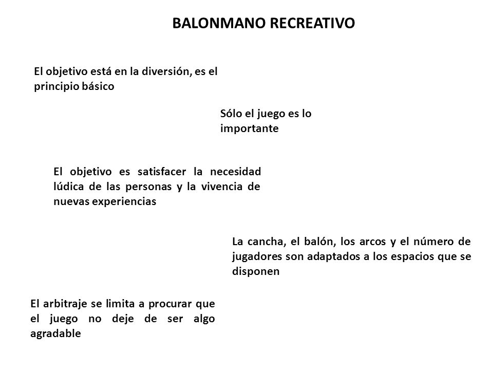BALONMANO RECREATIVO El objetivo está en la diversión, es el principio básico. Sólo el juego es lo importante.