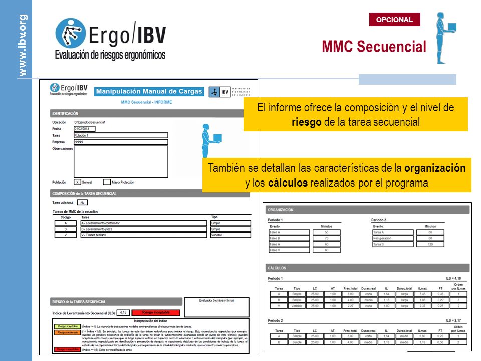 OPCIONAL MMC Secuencial. El informe ofrece la composición y el nivel de riesgo de la tarea secuencial.