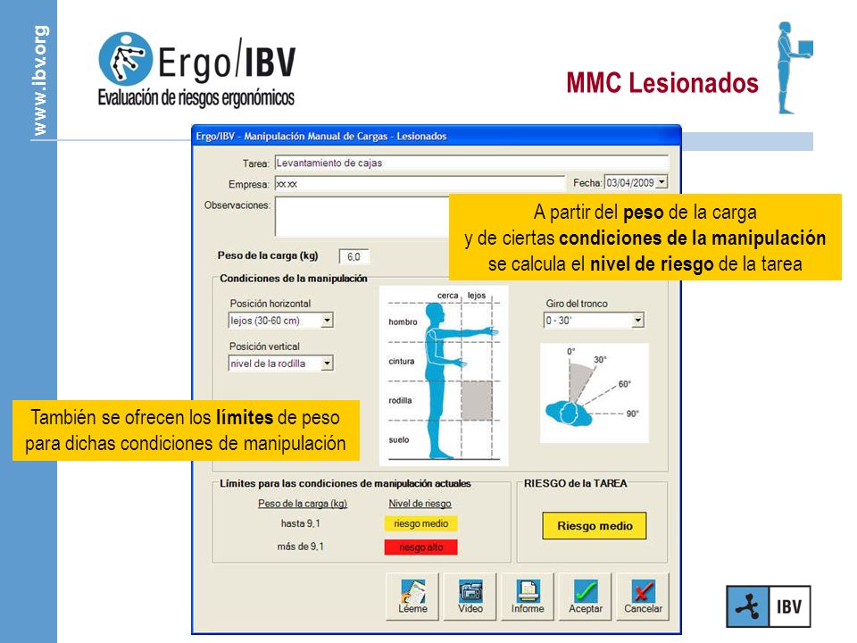 MMC Lesionados A partir del peso de la carga y de ciertas condiciones de la manipulación se calcula el nivel de riesgo de la tarea.