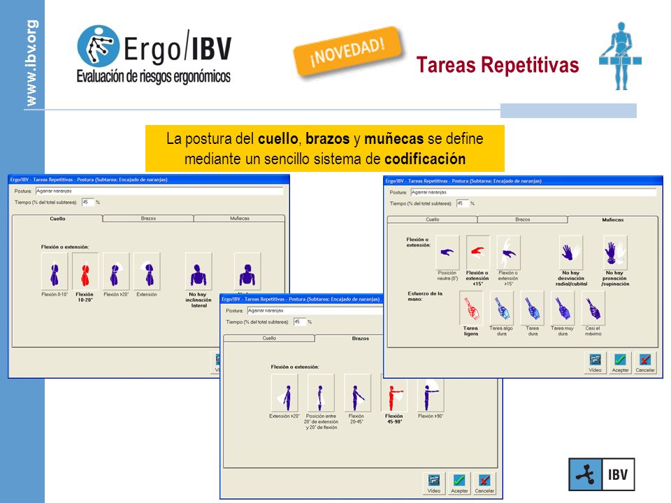 Tareas Repetitivas La postura del cuello, brazos y muñecas se define mediante un sencillo sistema de codificación.