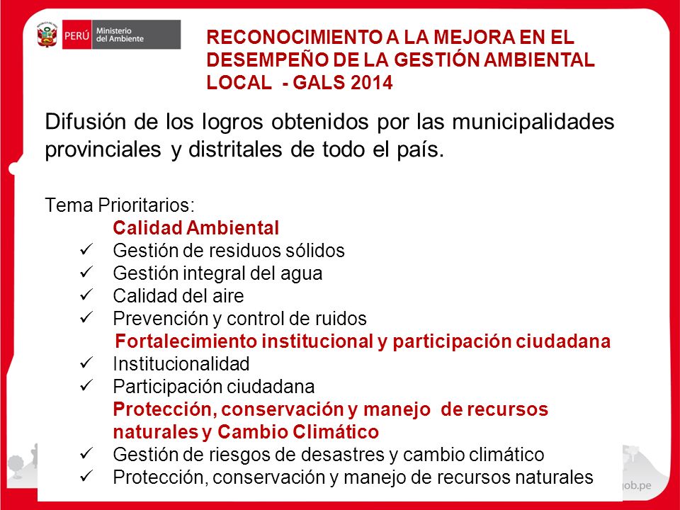 RECONOCIMIENTO A LA MEJORA EN EL DESEMPEÑO DE LA GESTIÓN AMBIENTAL LOCAL - GALS 2014