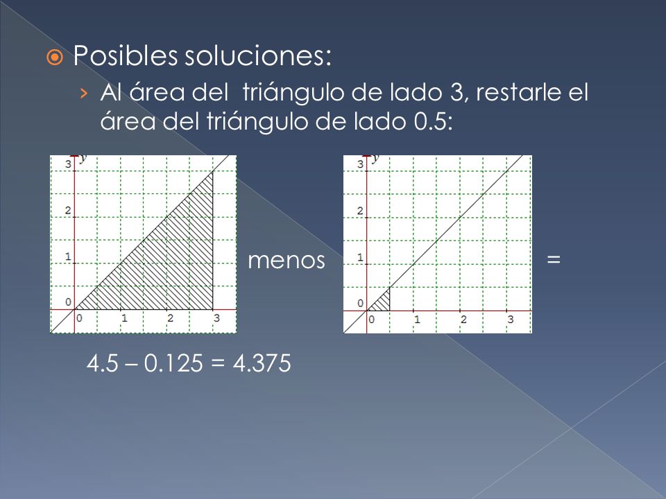 Posibles soluciones: Al área del triángulo de lado 3, restarle el área del triángulo de lado 0.5: menos =