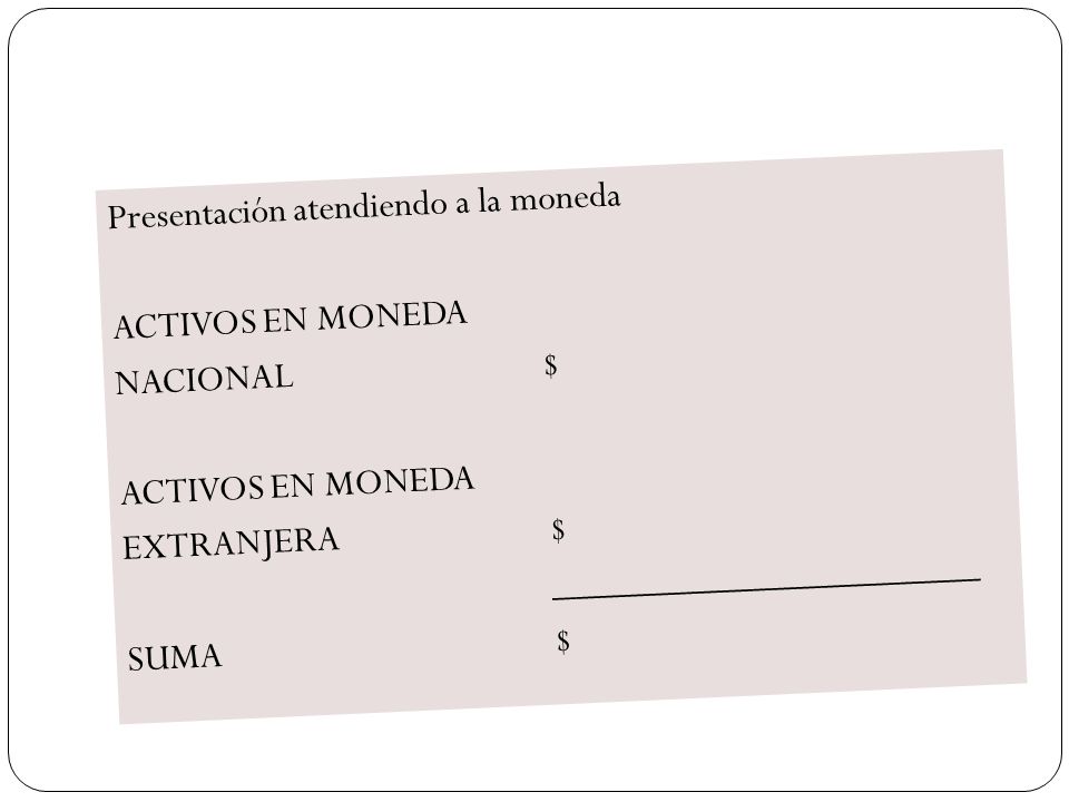 Presentación atendiendo a la moneda ACTIVOS EN MONEDA NACIONAL $ EXTRANJERA $ ______________________ SUMA $