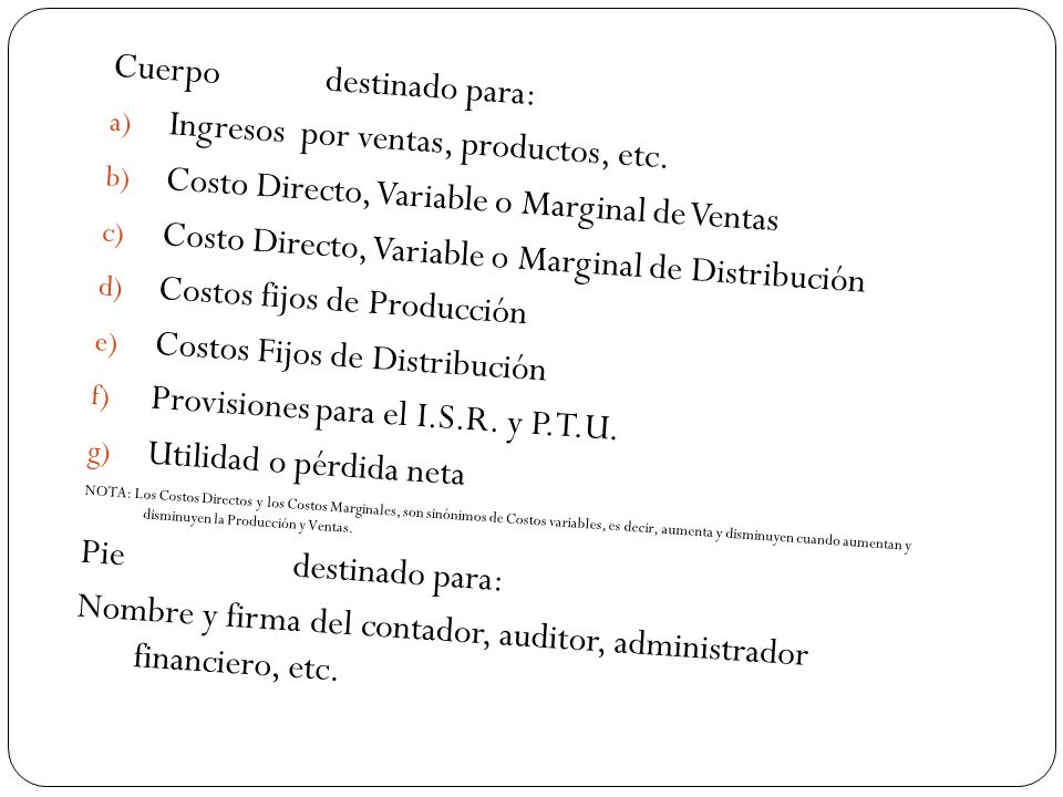 Cuerpo destinado para: Ingresos por ventas, productos, etc.