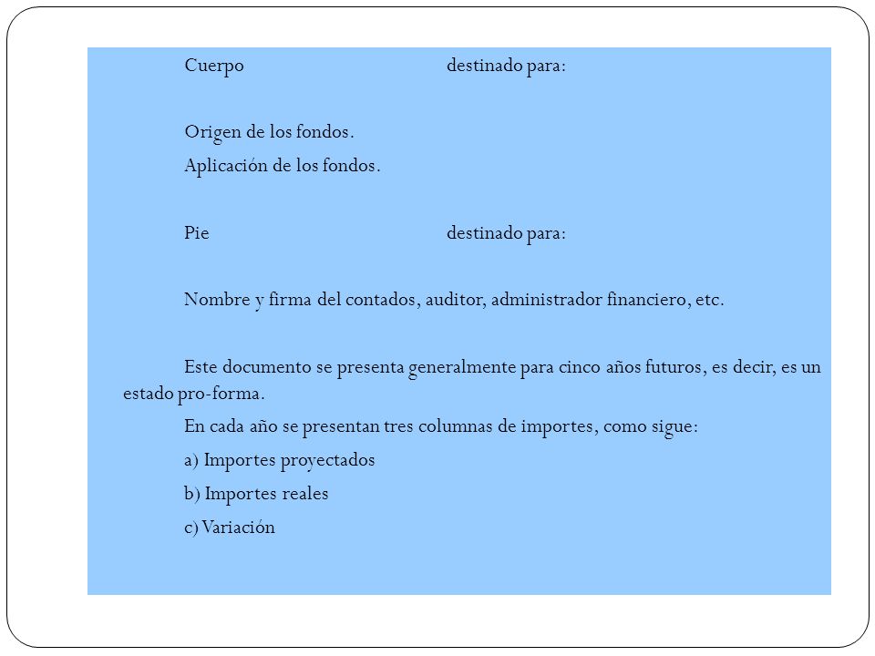 Cuerpo destinado para: Origen de los fondos. Aplicación de los fondos