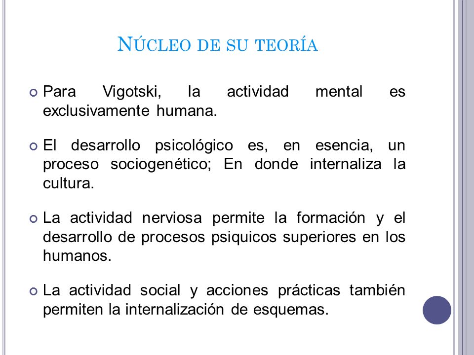Núcleo de su teoría Para Vigotski, la actividad mental es exclusivamente humana.