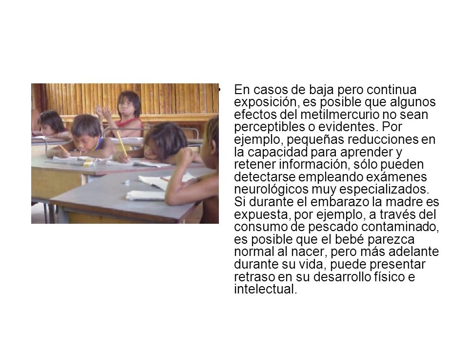 En casos de baja pero continua exposición, es posible que algunos efectos del metilmercurio no sean perceptibles o evidentes.