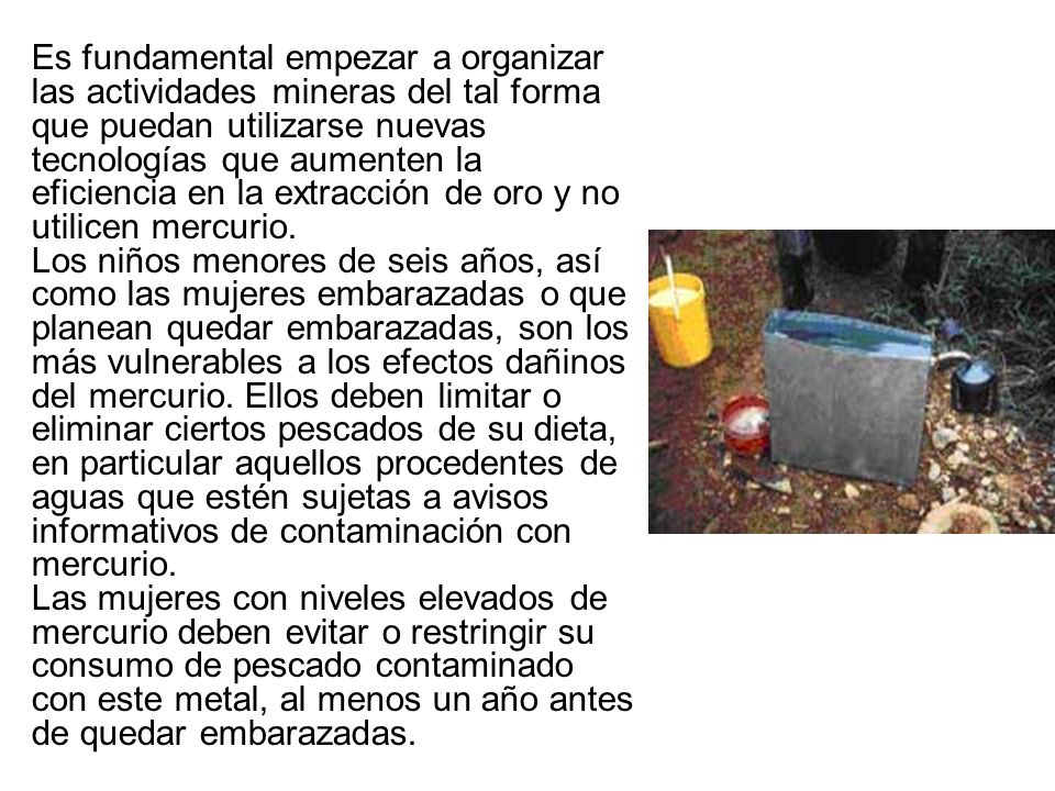 Es fundamental empezar a organizar las actividades mineras del tal forma que puedan utilizarse nuevas tecnologías que aumenten la eficiencia en la extracción de oro y no utilicen mercurio.