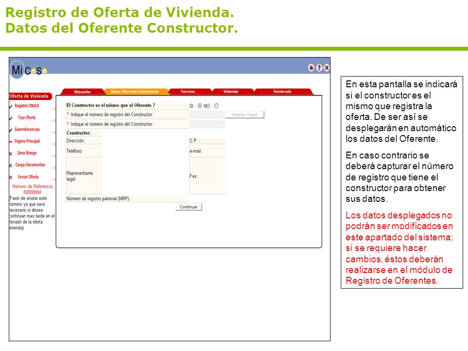 Registro de Oferta de Vivienda. Datos del Oferente Constructor.