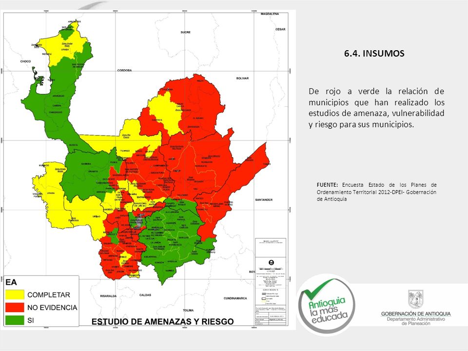 De rojo a verde la relación de municipios que han realizado los estudios de amenaza, vulnerabilidad y riesgo para sus municipios.