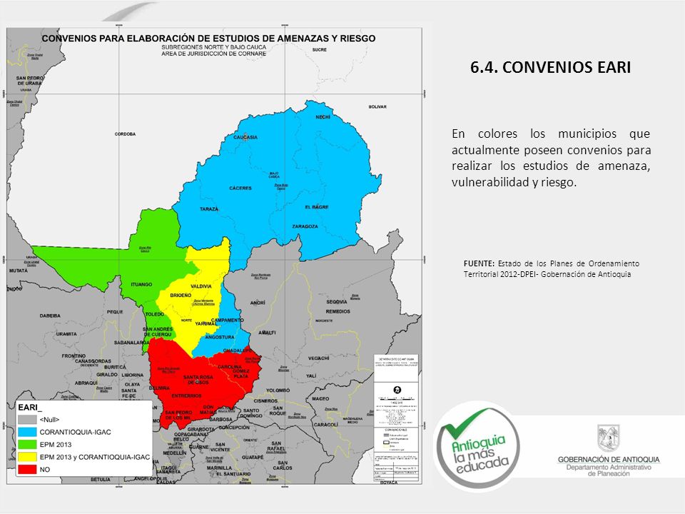 En colores los municipios que actualmente poseen convenios para realizar los estudios de amenaza, vulnerabilidad y riesgo.