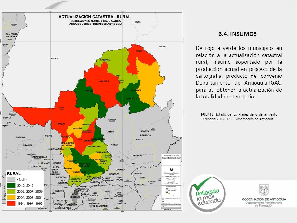 De rojo a verde los municipios en relación a la actualización catastral rural, insumo soportado por la producción actual en proceso de la cartografía, producto del convenio Departamento de Antioquia-IGAC, para así obtener la actualización de la totalidad del territorio
