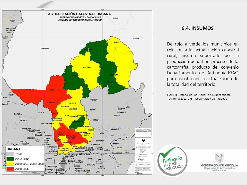 De rojo a verde los municipios en relación a la actualización catastral rural, insumo soportado por la producción actual en proceso de la cartografía, producto del convenio Departamento de Antioquia-IGAC, para así obtener la actualización de la totalidad del territorio