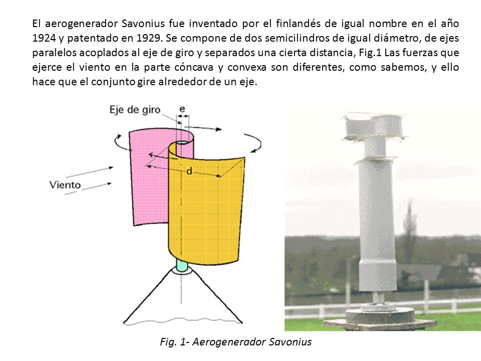 El aerogenerador Savonius fue inventado por el finlandés de igual nombre en el año 1924 y patentado en Se compone de dos semicilindros de igual diámetro, de ejes paralelos acoplados al eje de giro y separados una cierta distancia, Fig.1 Las fuerzas que ejerce el viento en la parte cóncava y convexa son diferentes, como sabemos, y ello hace que el conjunto gire alrededor de un eje.