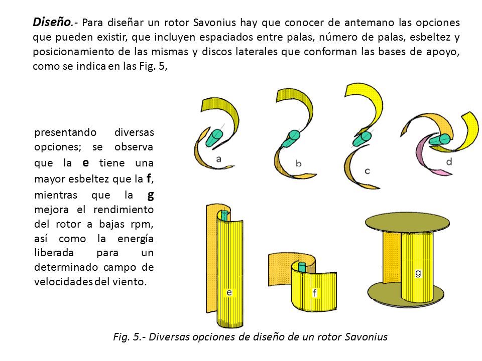 Diseño.- Para diseñar un rotor Savonius hay que conocer de antemano las opciones que pueden existir, que incluyen espaciados entre palas, número de palas, esbeltez y posicionamiento de las mismas y discos laterales que conforman las bases de apoyo, como se indica en las Fig. 5,