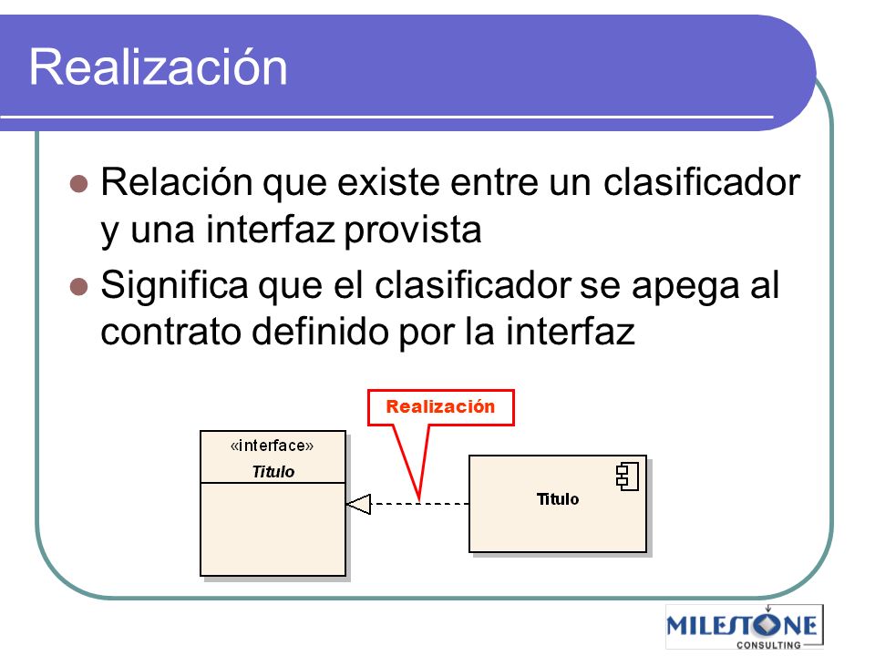 Realización Relación que existe entre un clasificador y una interfaz provista.