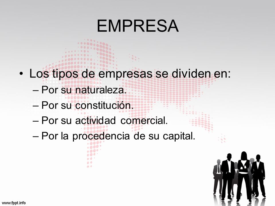 EMPRESA Los tipos de empresas se dividen en: Por su naturaleza.