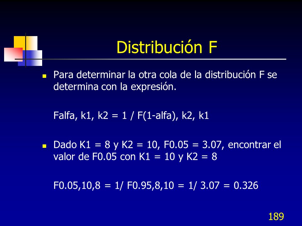 Distribución F Para determinar la otra cola de la distribución F se determina con la expresión. Falfa, k1, k2 = 1 / F(1-alfa), k2, k1.