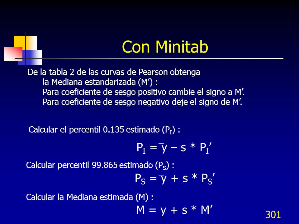 Con Minitab PI = y – s * PI’ PS = y + s * PS’ M = y + s * M’