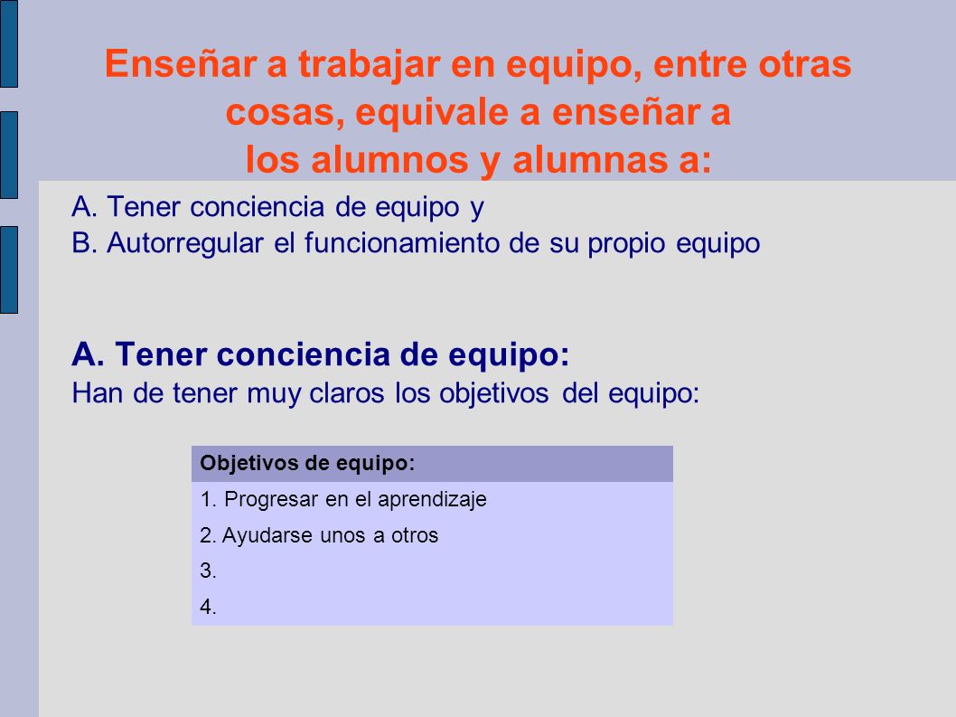 Enseñar a trabajar en equipo, entre otras cosas, equivale a enseñar a los alumnos y alumnas a: