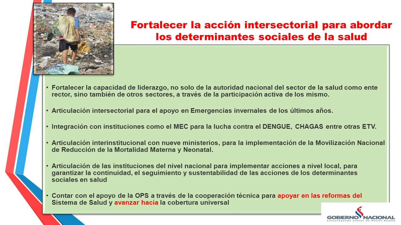 Fortalecer la capacidad de liderazgo, no solo de la autoridad nacional del sector de la salud como ente rector, sino también de otros sectores, a través de la participación activa de los mismo.