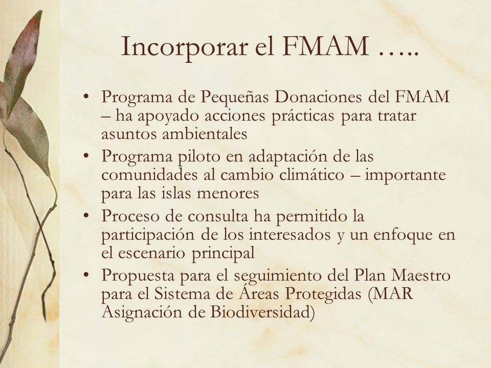 Incorporar el FMAM ….. Programa de Pequeñas Donaciones del FMAM – ha apoyado acciones prácticas para tratar asuntos ambientales.