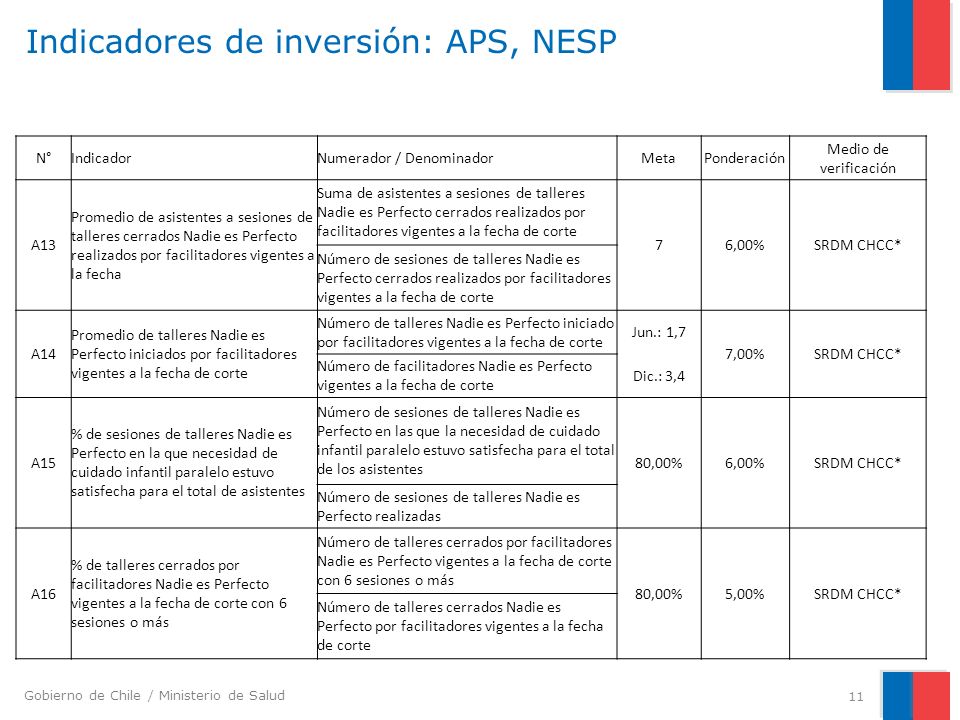 Indicadores de inversión: APS, NESP