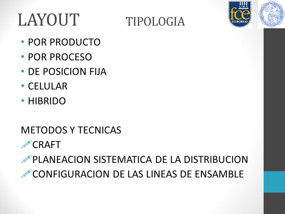 LAYOUT TIPOLOGIA POR PRODUCTO POR PROCESO DE POSICION FIJA CELULAR