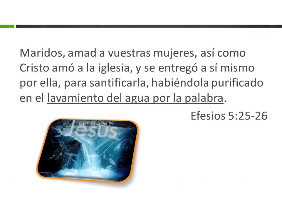 Maridos, amad a vuestras mujeres, así como Cristo amó a la iglesia, y se entregó a sí mismo por ella, para santificarla, habiéndola purificado en el lavamiento del agua por la palabra.