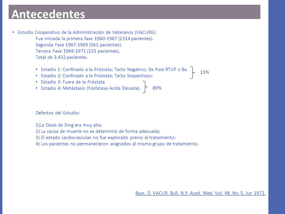 Antecedentes Estudio Cooperativo de la Administración de Veteranos (VACURG) Fue iniciada la primera fase (2314 pacientes).
