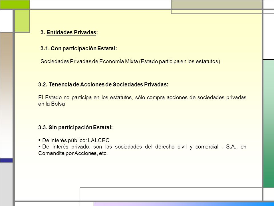 3. Entidades Privadas: 3.1. Con participación Estatal: Sociedades Privadas de Economía Mixta (Estado participa en los estatutos)