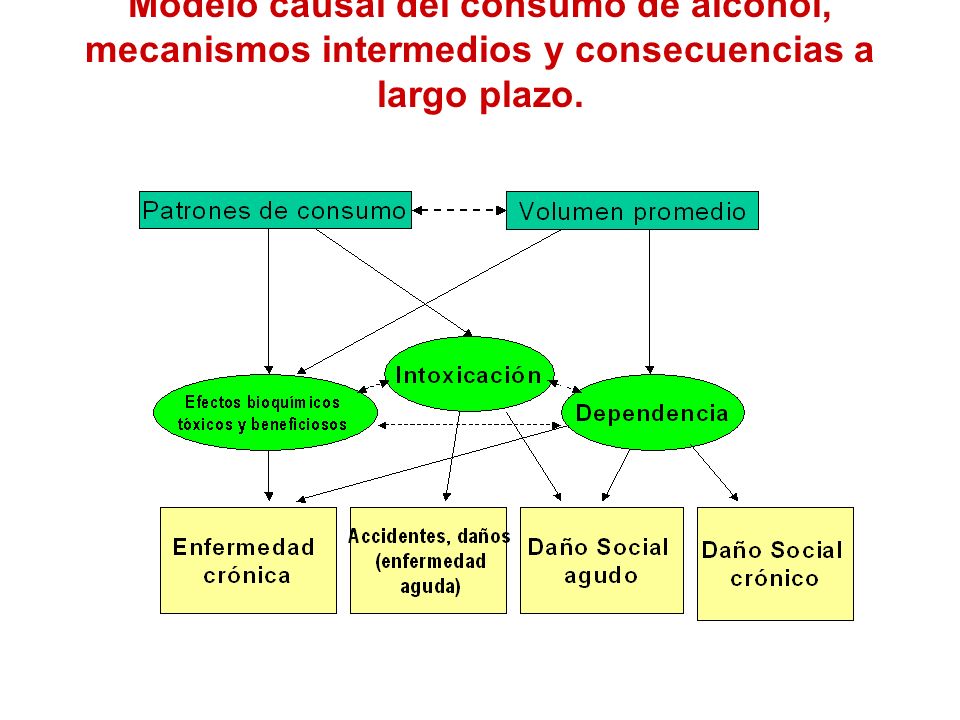 Modelo causal del consumo de alcohol, mecanismos intermedios y consecuencias a largo plazo.
