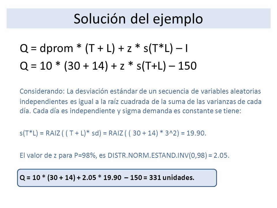 Solución del ejemplo Q = dprom * (T + L) + z * s(T*L) – I